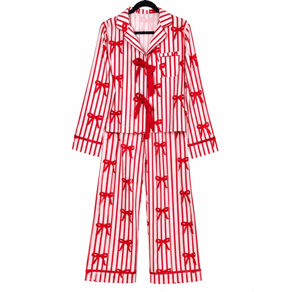 Red White Stripe Bow Print Women's Button Up Pajama Set L Long Sleeve Sleepwear